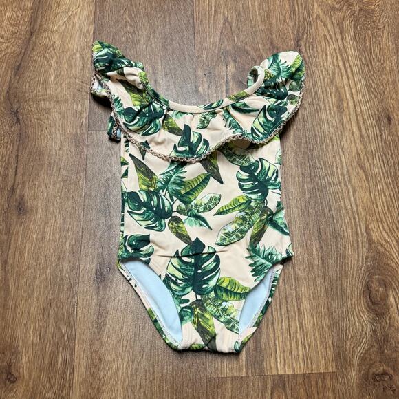 Janie & Jack Toddler Girl Palm Print One Piece Swim Suit Iced Nectar Size 12-18M - Picture 1 of 6